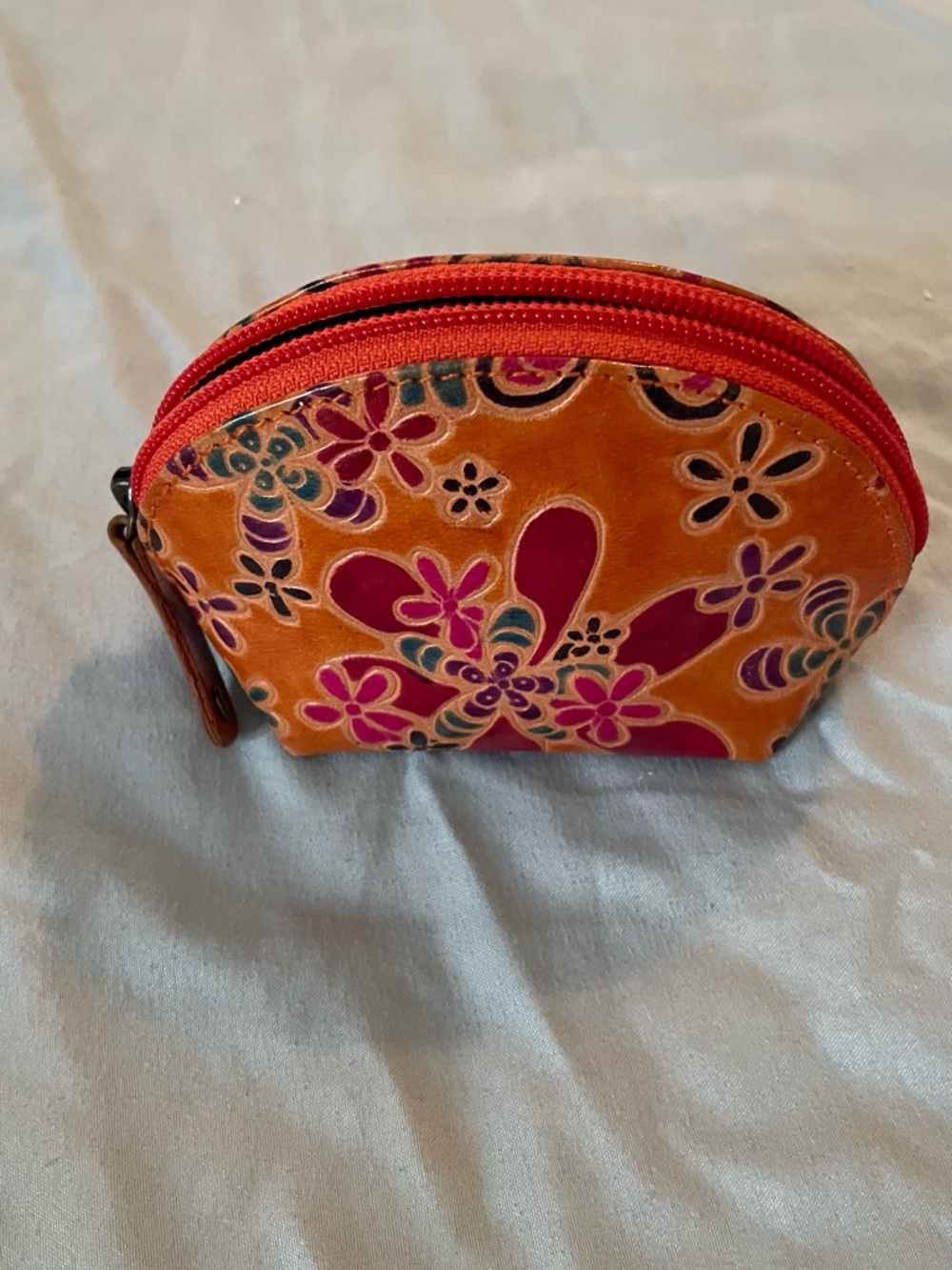 Hand-Painted Orange Floral Small Zipper Pouch with Pink Accents 5” W x 3.5” T
